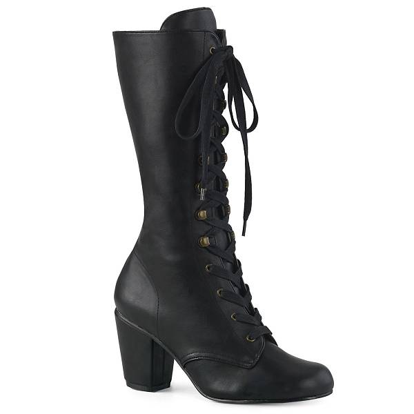 Demonia Women's Vivika-205 Mid Calf Boots - Black Vegan Leather D2960-75US Clearance